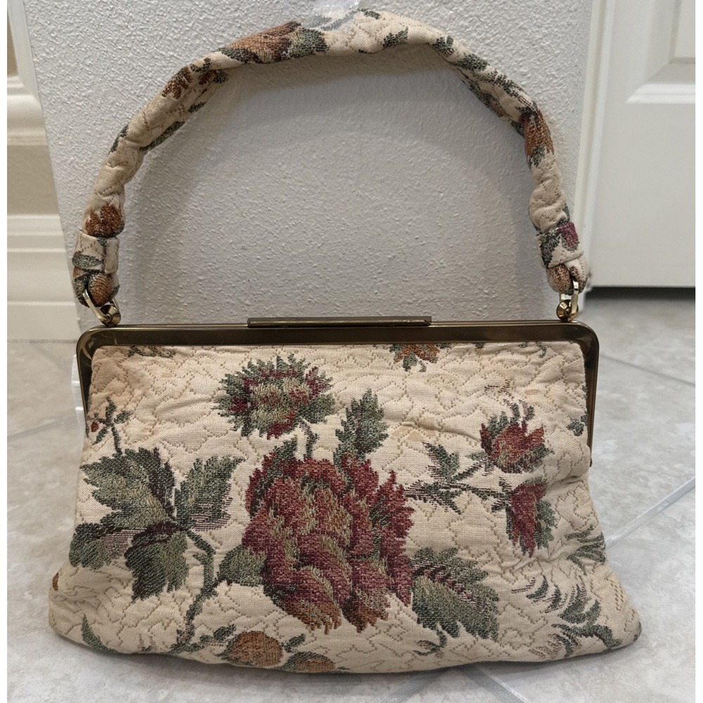 VTG Needlepoint‎ Beige Floral Tapestry Purse Handbag Top Clasp Lined German